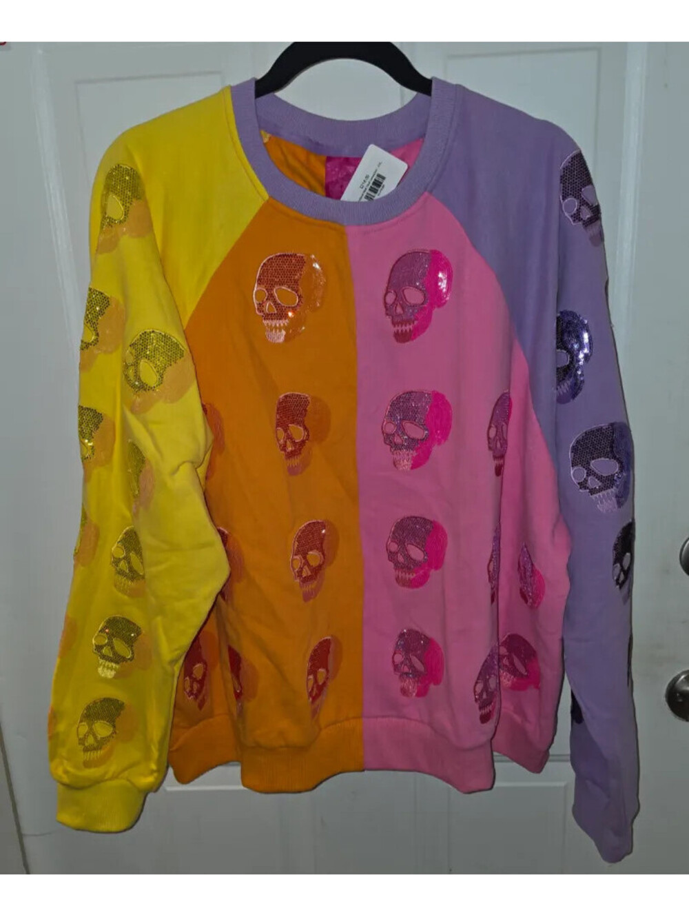 QUEEN OF SPARKLES COLORBLOCK MULTI SEQUIN SKULL SWEATSHIRT 2XL NWT - Picture 2 of 8